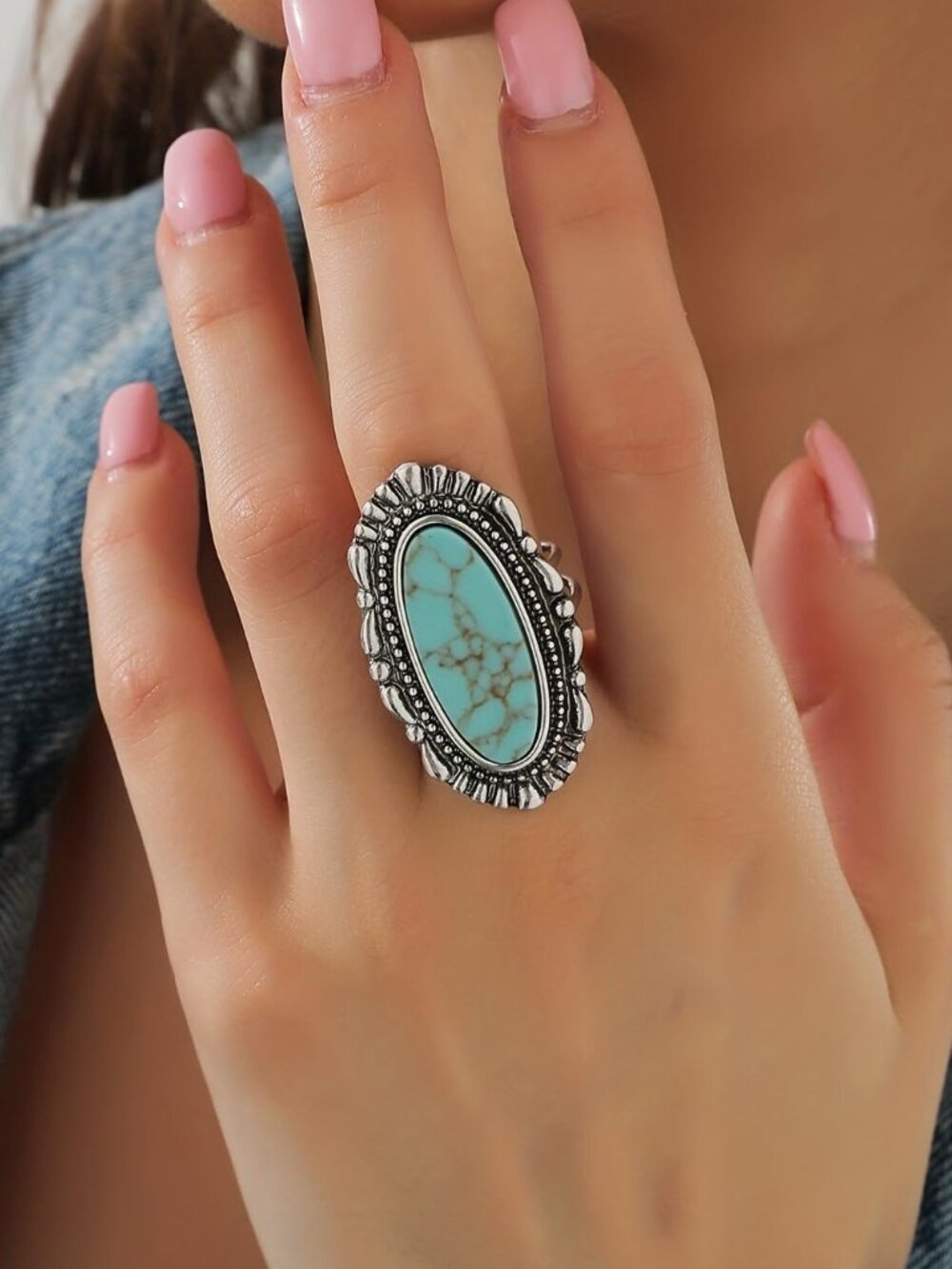 Vintage 925 Sterling Silver Turquoise Ring for Women, Bohemian Adjustable Natura - Picture 2 of 4